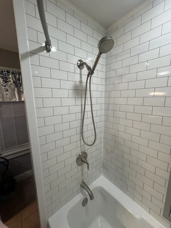 Milwaukee WI Bathtub tub soaker tub replacement subway tile white silver grout brushed nickel kohler