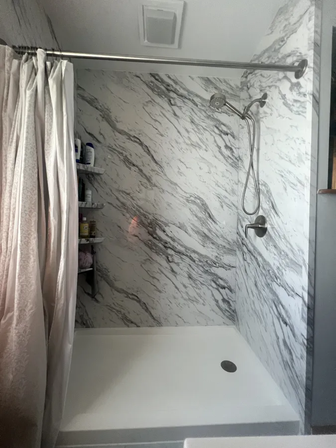 South Milwaukee WI tub to shower remodel calcutta smooth acrylic brushed nickel hardware