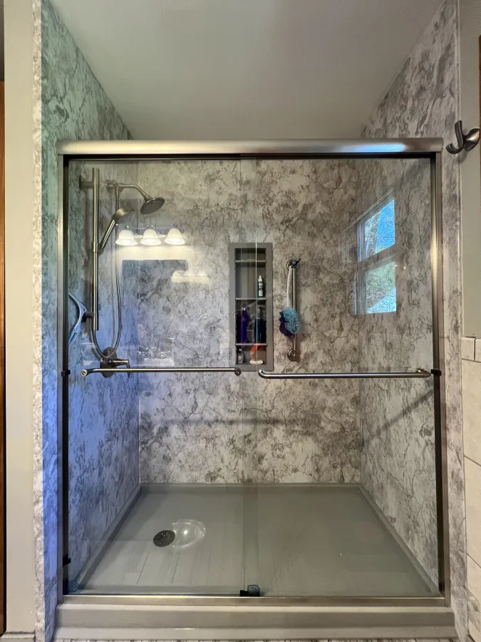 delafield wi tub to shower conversion limstone acrylic smooth frameless shower door brushed nickel