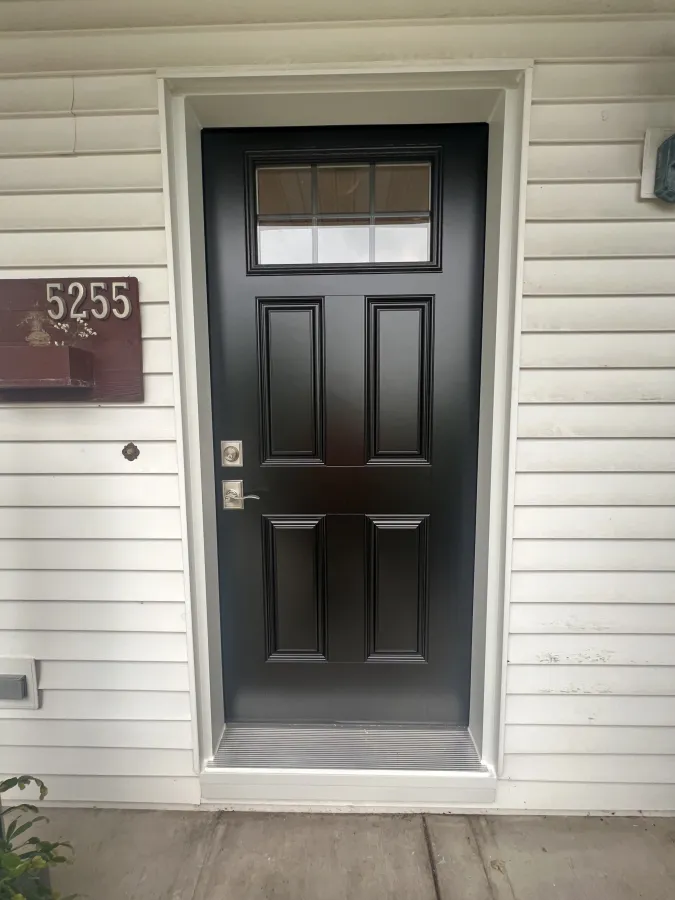 Sheboygan WI front entry door replacement coal black cottage 6 lite grid satin nickel exterior Sheboygan WI front entry door replacement coal black cottage 6 lite grid satin nickel exterior