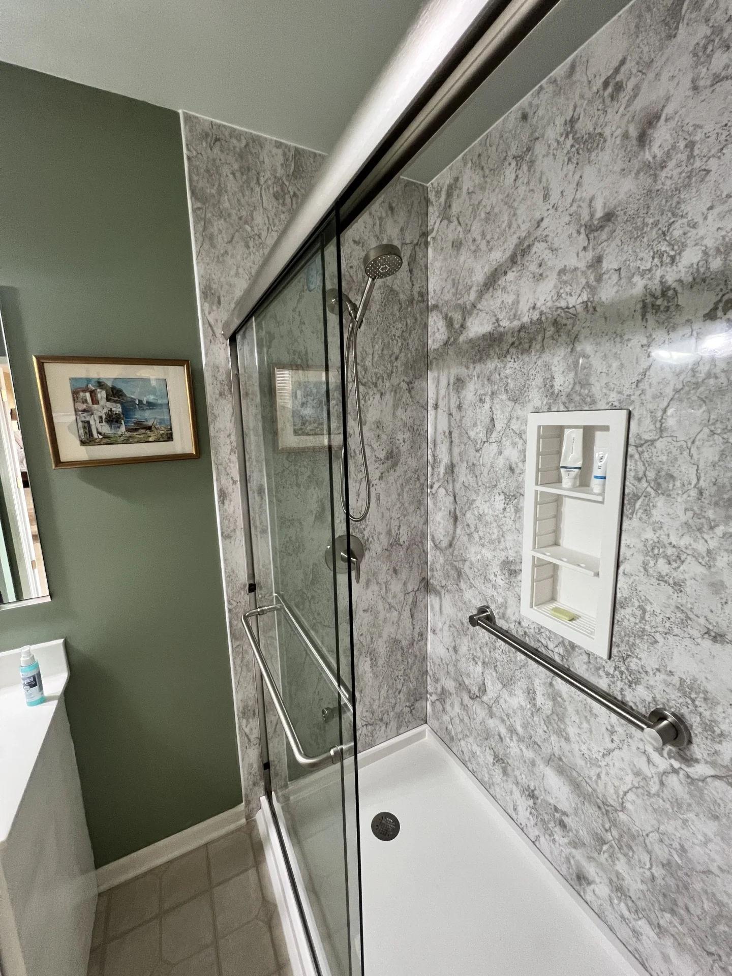 New shower conversion project with sliding glass doors
